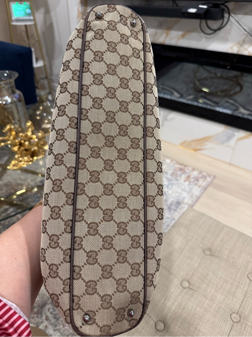 Gucci Brown and Beige GG Canvas Tote with Dark Brown Leather Trim - Picture 4 of 7